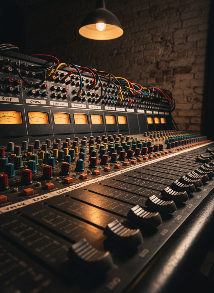 A close-up of a vintage analog mixing console, its dark brushed-metal surface crowded with brightly colored knobs, glowing VU meters, and strips of hand-labeled tape reading track names like “riff,” “chorus,” and “Puppet Ammo.” Thick audio cables plug into a rugged patch bay behind, framed by rough exposed-brick studio walls. A single overhead industrial pendant casts focused, warm light, creating specular highlights on metal faders and deep shadows between channels. Captured from a low, diagonal angle with shallow depth of field, the nearest faders loom large while the console stretches into blur, emphasizing depth and power. The photographic, high-contrast style and moody studio environment evoke intense creativity and raw alternative rock energy.