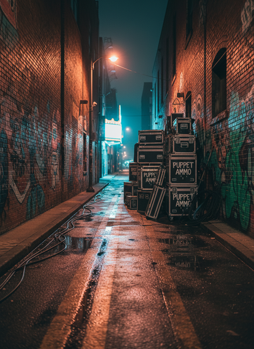 A long, cinematic shot down an empty urban alley in Colorado at night, flanked by graffiti-covered brick walls featuring abstract puppet and ammunition motifs in neon reds and toxic greens. At the far end, stacked black road cases stenciled with “Puppet Ammo” sit beside towering flight cases and coiled cables, suggesting a just-finished show. Sodium-vapor streetlights and a distant venue marquee cast mixed warm and cool glows, reflecting off puddles and wet asphalt, creating shimmering highlights. The photographic composition uses leading lines drawing the eye toward the gear, with sharp focus and pronounced contrast. The mood is bold, gritty, and triumphant, perfectly encapsulating an alternative rock band that’s been melting faces across Colorado since 2023.