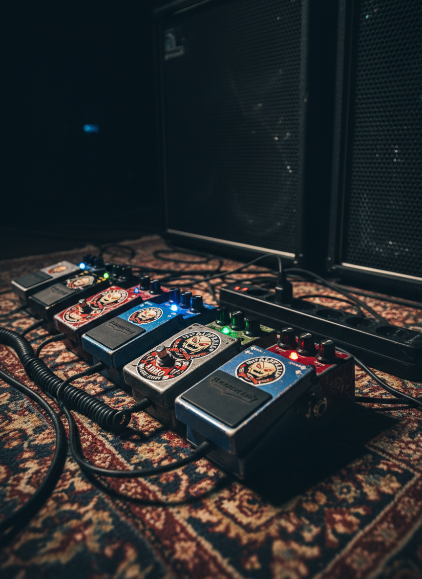 A close-up, low-angle shot of a row of stompbox guitar pedals lined up on a worn oriental rug, each pedal scarred with chipped paint and custom band-logo stickers reading “Puppet Ammo.” Multicolored status LEDs burn brightly against the dim rehearsal room, their cables weaving into a heavy-duty power strip. In the background, softly blurred amp cabinets loom like dark monoliths. Harsh side lighting from an unseen stage source rakes across the metal casings, emphasizing scratches and textures while casting elongated shadows. The photographic realism, saturated colors, and tight, asymmetric framing create a sense of anticipation, as if a colossal riff is about to crash through the speakers, echoing the band’s bold, alternative rock identity.