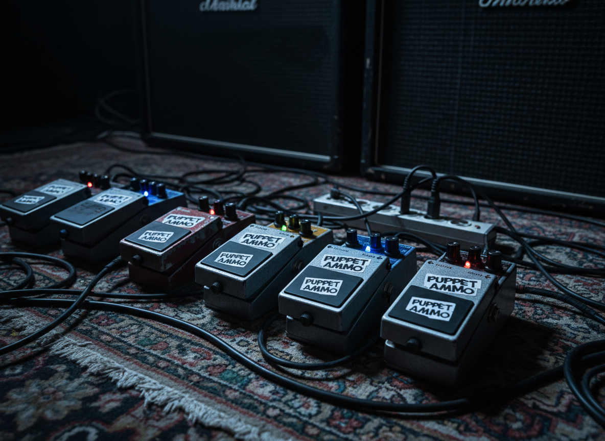 A close-up, low-angle shot of a row of stompbox guitar pedals lined up on a worn oriental rug, each pedal scarred with chipped paint and custom band-logo stickers reading “Puppet Ammo.” Multicolored status LEDs burn brightly against the dim rehearsal room, their cables weaving into a heavy-duty power strip. In the background, softly blurred amp cabinets loom like dark monoliths. Harsh side lighting from an unseen stage source rakes across the metal casings, emphasizing scratches and textures while casting elongated shadows. The photographic realism, saturated colors, and tight, asymmetric framing create a sense of anticipation, as if a colossal riff is about to crash through the speakers, echoing the band’s bold, alternative rock identity.