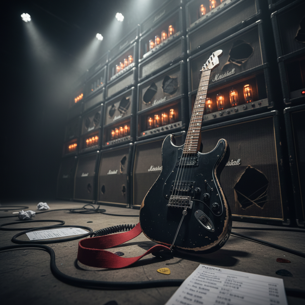 A battered matte-black electric guitar with silver hardware and frayed red strap leans against a towering wall of tube amplifiers, their grill cloths slightly torn and glowing with faint orange tubes. Coiled instrument cables snake across a scuffed concrete floor scattered with setlists and worn plectrums. Harsh stage spotlights from above cut through a faint haze of artificial fog, carving sharp highlights along the guitar’s edges and casting dramatic shadows across the amps. Shot at eye level with a slightly wide lens, the foreground guitar is in razor-sharp focus while the amps fall into a subtle bokeh. The photographic realism, high contrast, and gritty textures create a bold, explosive atmosphere perfect for an alternative rock band homepage hero image.